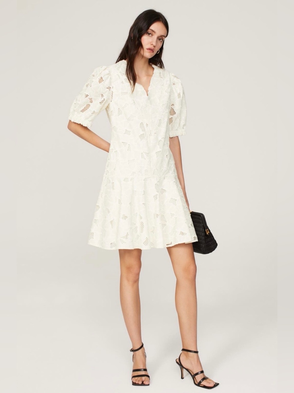 Boss~Dennice~Off White Eyelet V-Neck Mini Dress~Size 4~$398~